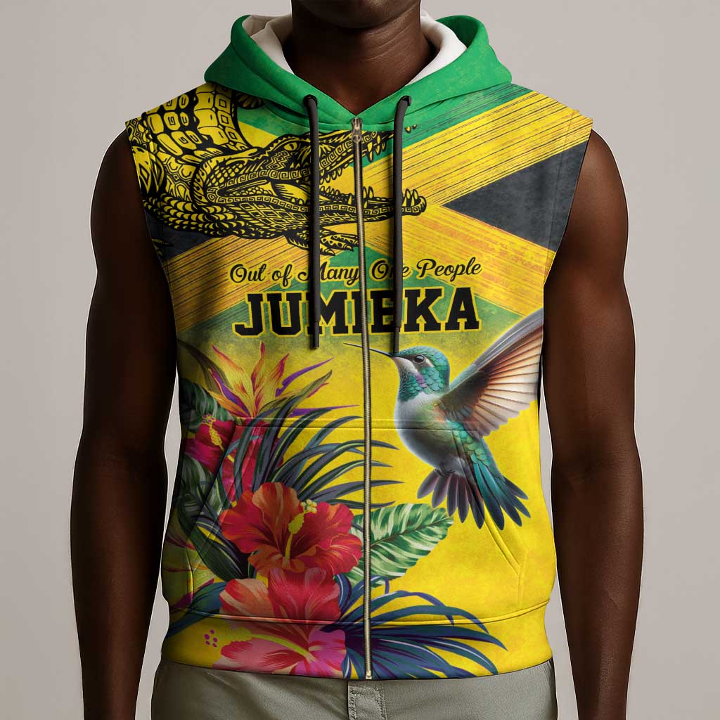 Personalized Black Jamaicans Crocodile Hummingbird Sleeveless Zip Hoodie Tropical Flowers Grunge Flag - African Pride