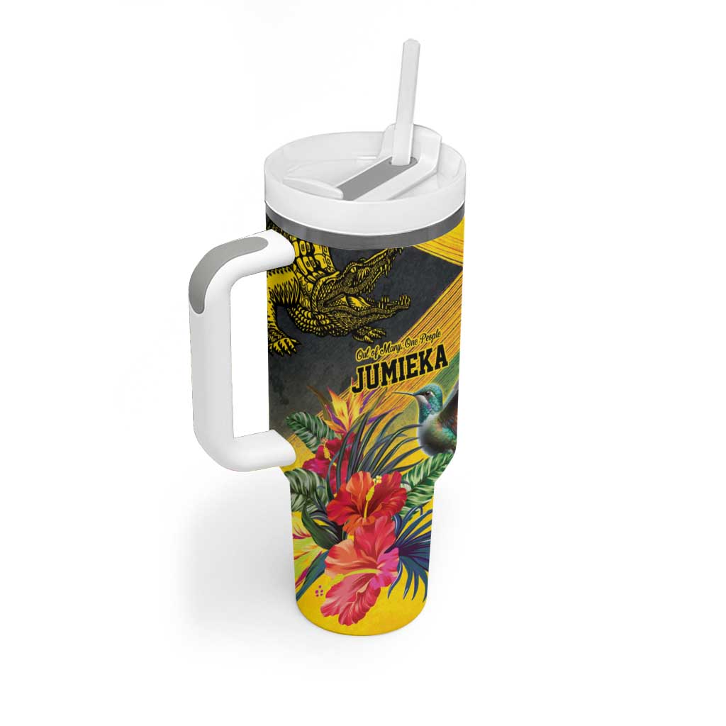 Personalized Black Jamaicans Crocodile Hummingbird Tumbler With Handle Tropical Flowers Grunge Flag - African Pride