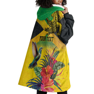 Personalized Black Jamaicans Crocodile Hummingbird Wearable Blanket Hoodie Tropical Flowers Grunge Flag - African Pride