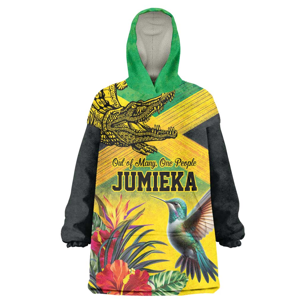 Personalized Black Jamaicans Crocodile Hummingbird Wearable Blanket Hoodie Tropical Flowers Grunge Flag - African Pride