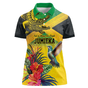 Personalized Black Jamaicans Crocodile Hummingbird Women Polo Shirt Tropical Flowers Grunge Flag - African Pride