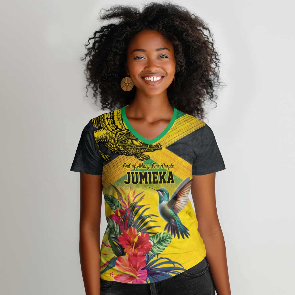 Personalized Black Jamaicans Crocodile Hummingbird Women V-Neck T-Shirt Tropical Flowers Grunge Flag - African Pride