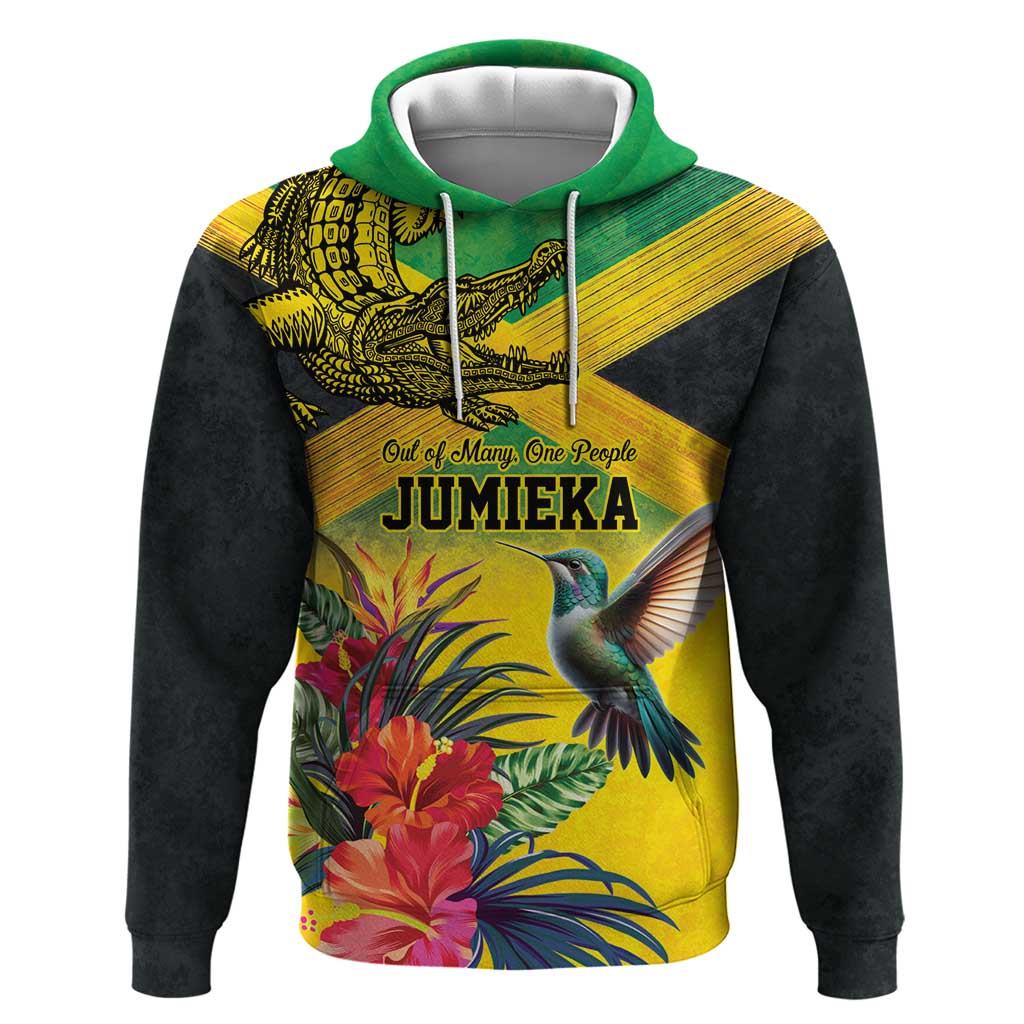 Personalized Black Jamaicans Crocodile Hummingbird Zip Hoodie Tropical Flowers Grunge Flag - African Pride