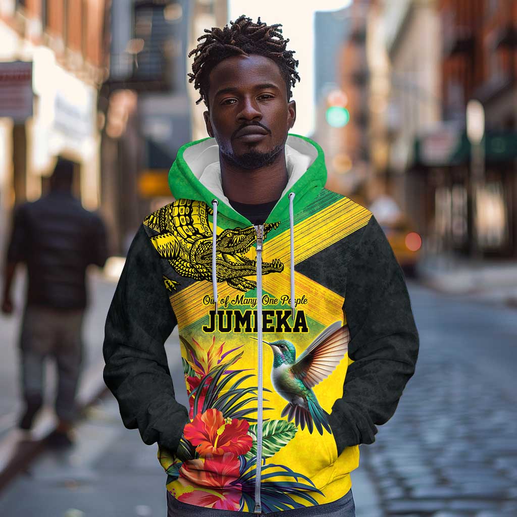 Personalized Black Jamaicans Crocodile Hummingbird Zip Hoodie Tropical Flowers Grunge Flag - African Pride