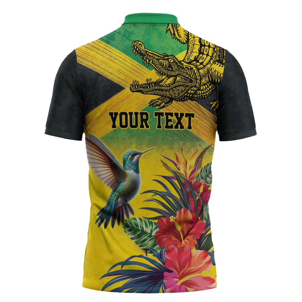 Personalized Black Jamaicans Crocodile Hummingbird Zipper Polo Shirt Tropical Flowers Grunge Flag