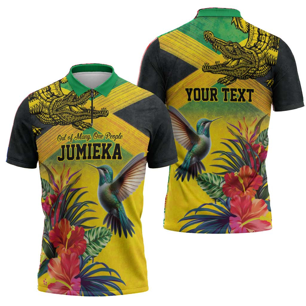 Personalized Black Jamaicans Crocodile Hummingbird Zipper Polo Shirt Tropical Flowers Grunge Flag