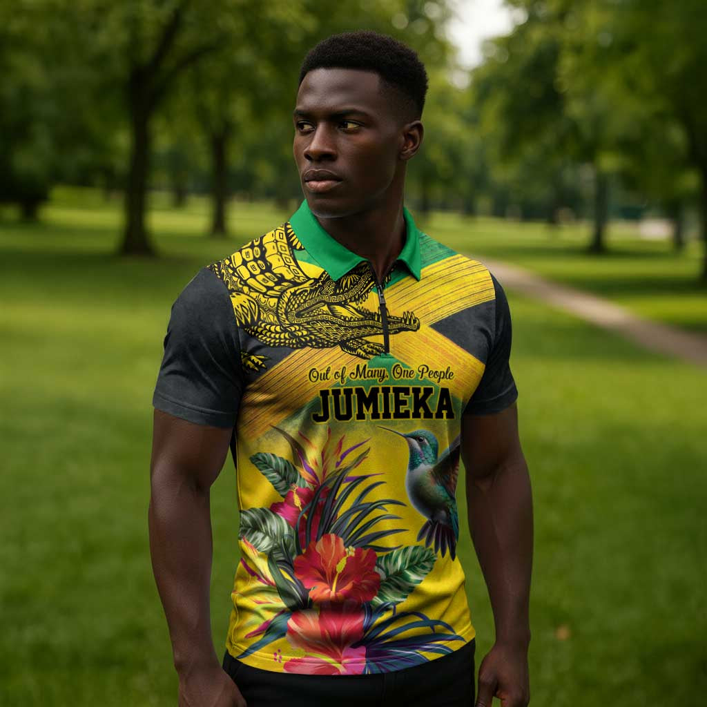 Personalized Black Jamaicans Crocodile Hummingbird Zipper Polo Shirt Tropical Flowers Grunge Flag