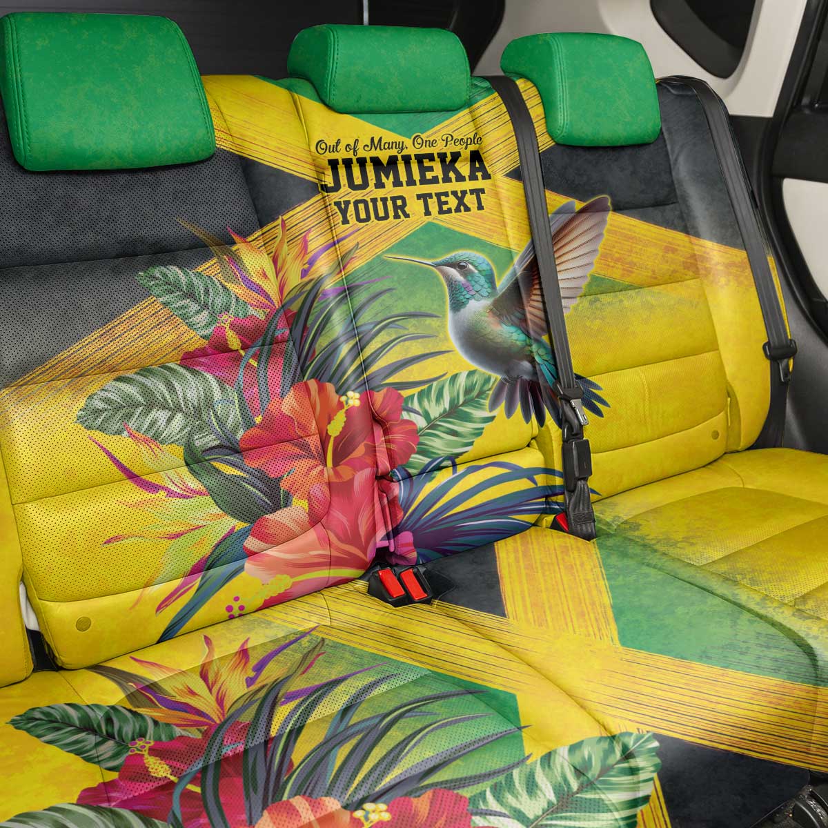 Personalized Black Jamaicans Hummingbird Back Car Seat Cover Tropical Flowers Grunge Flag - African Pride