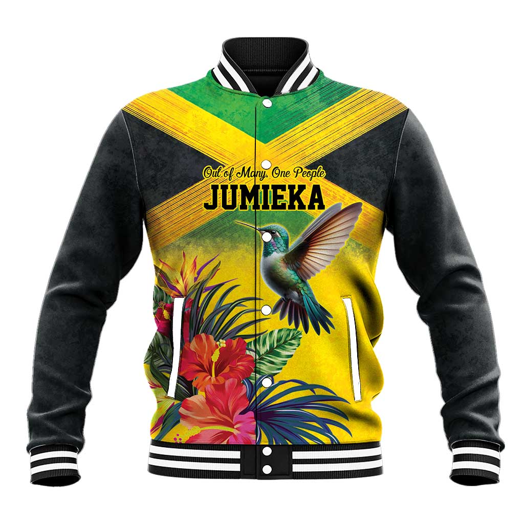 Personalized Black Jamaicans Hummingbird Baseball Jacket Tropical Flowers Grunge Flag - African Pride