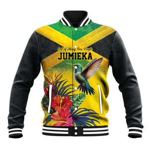Personalized Black Jamaicans Hummingbird Baseball Jacket Tropical Flowers Grunge Flag - African Pride
