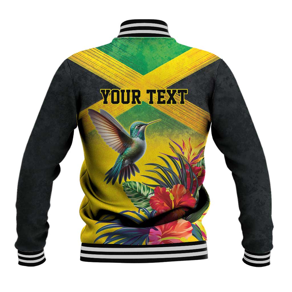 Personalized Black Jamaicans Hummingbird Baseball Jacket Tropical Flowers Grunge Flag - African Pride
