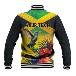 Personalized Black Jamaicans Hummingbird Baseball Jacket Tropical Flowers Grunge Flag - African Pride