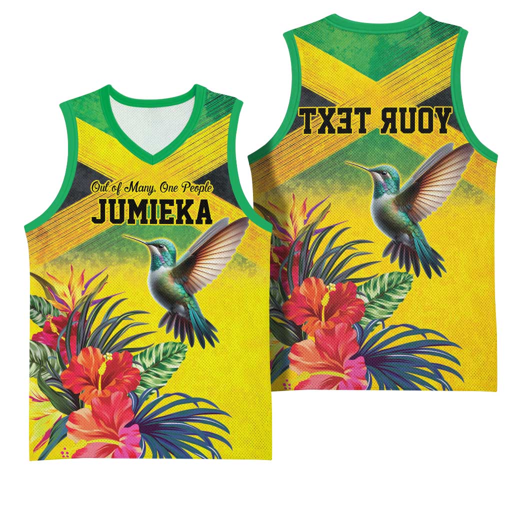 Personalized Black Jamaicans Hummingbird Basketball Jersey Tropical Flowers Grunge Flag - African Pride