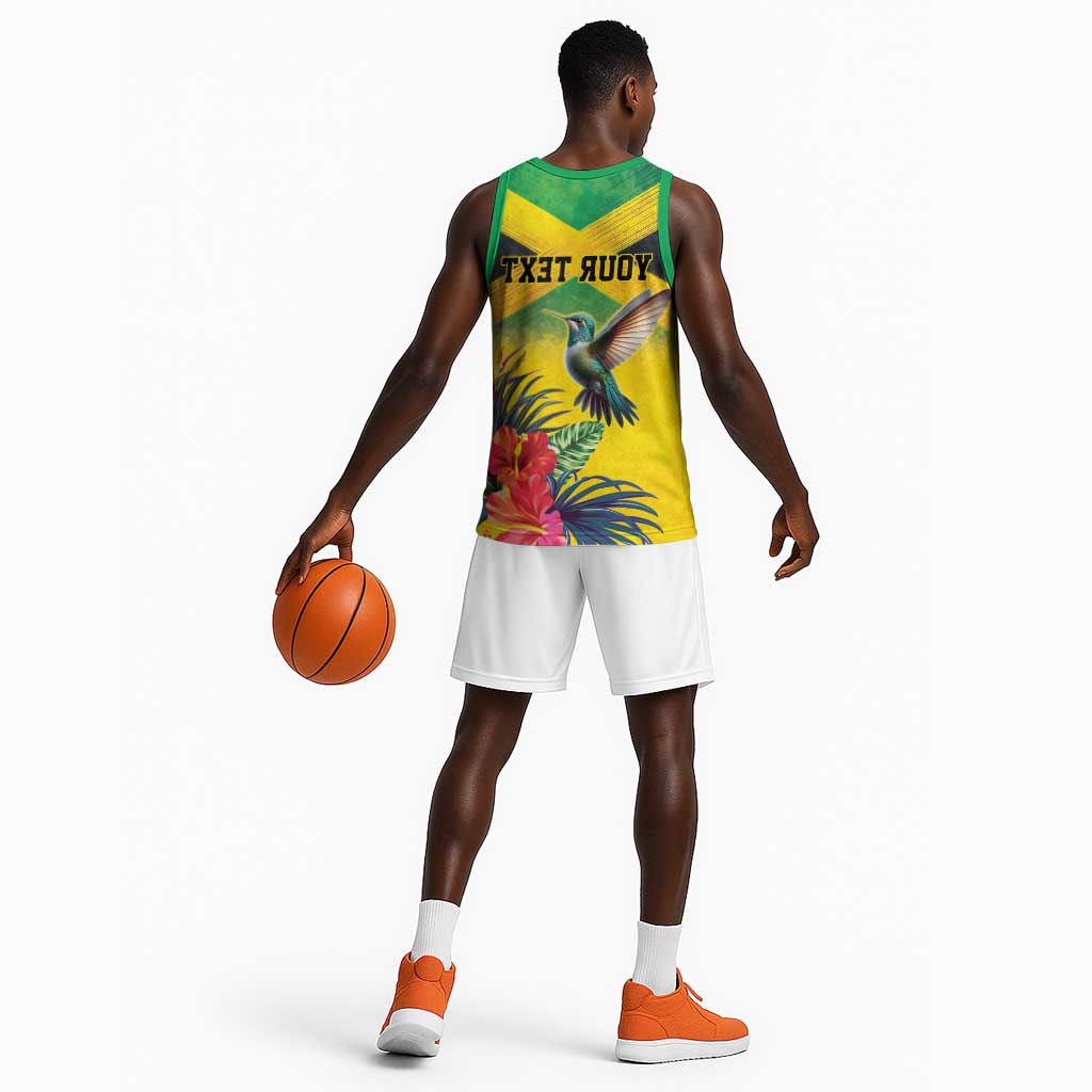Personalized Black Jamaicans Hummingbird Basketball Jersey Tropical Flowers Grunge Flag - African Pride
