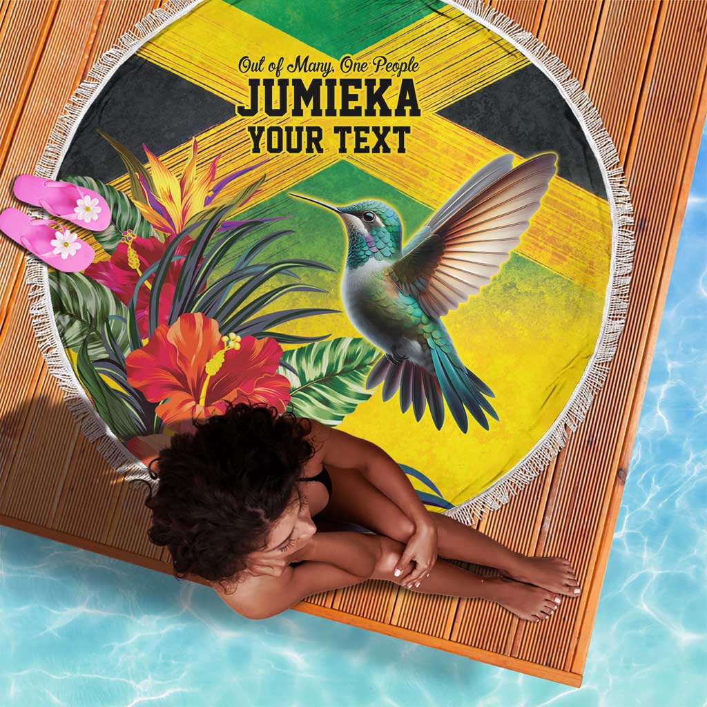 Personalized Black Jamaicans Hummingbird Beach Blanket Tropical Flowers Grunge Flag - African Pride
