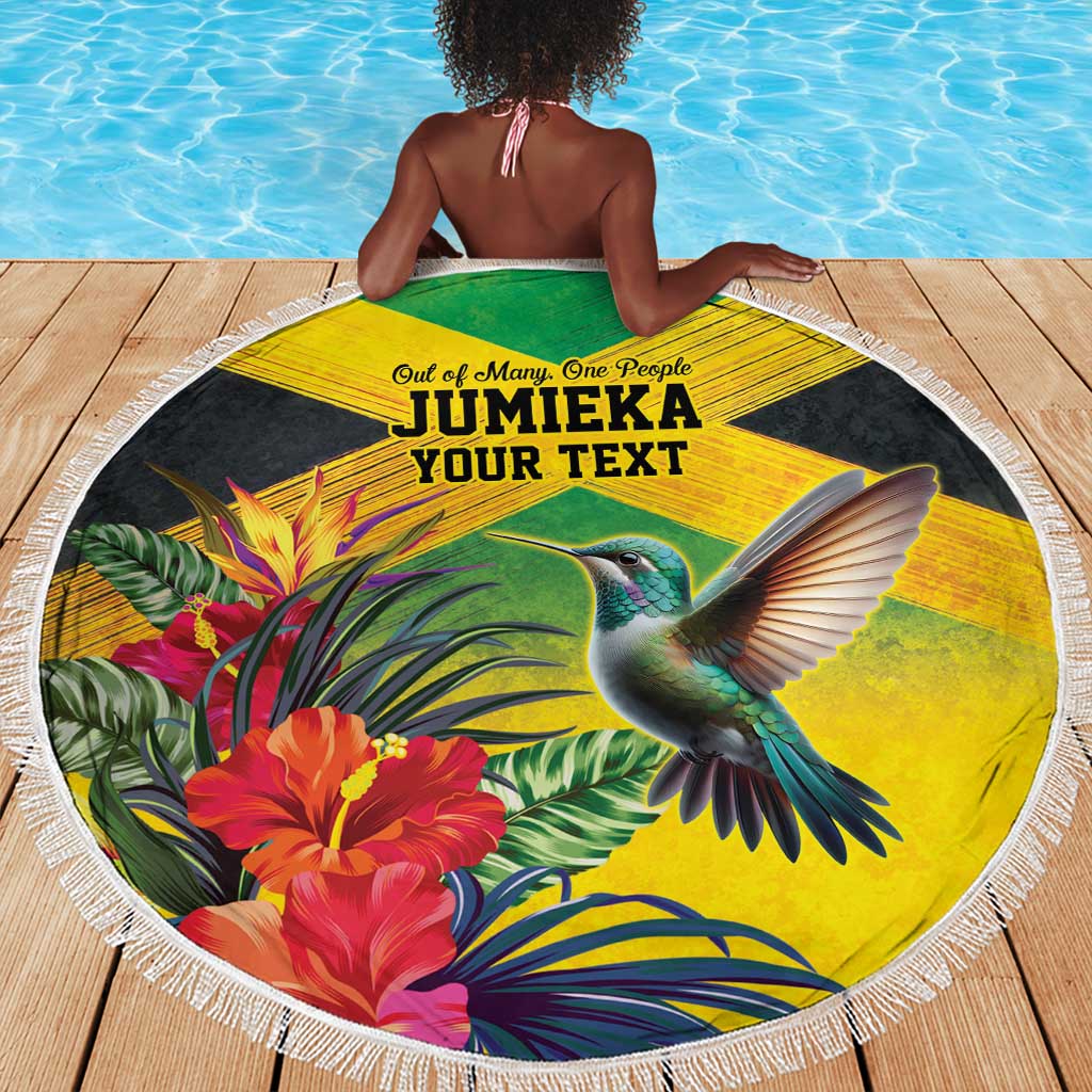 Personalized Black Jamaicans Hummingbird Beach Blanket Tropical Flowers Grunge Flag - African Pride