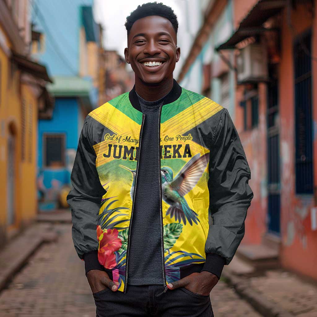 Personalized Black Jamaicans Hummingbird Bomber Jacket Tropical Flowers Grunge Flag - African Pride