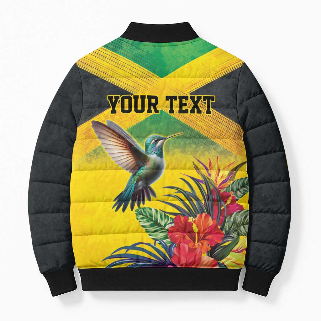 Personalized Black Jamaicans Hummingbird Bomber Puffer Jacket Tropical Flowers Grunge Flag