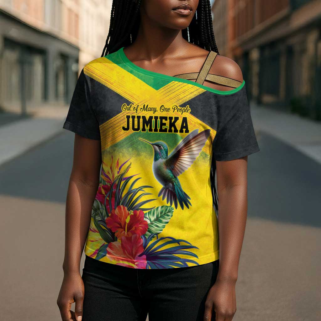 Personalized Black Jamaicans Hummingbird Cross Shoulder Shirt Tropical Flowers Grunge Flag