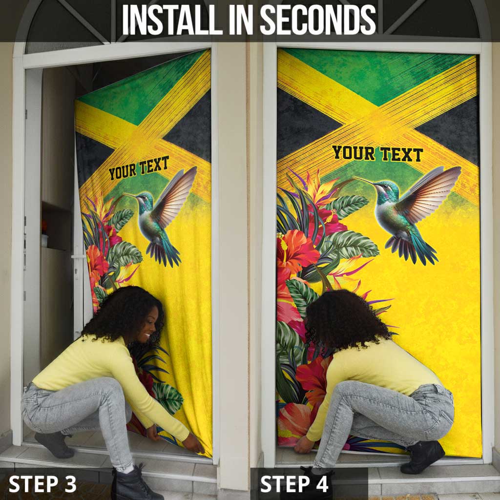 Personalized Black Jamaicans Hummingbird Door Cover Tropical Flowers Grunge Flag