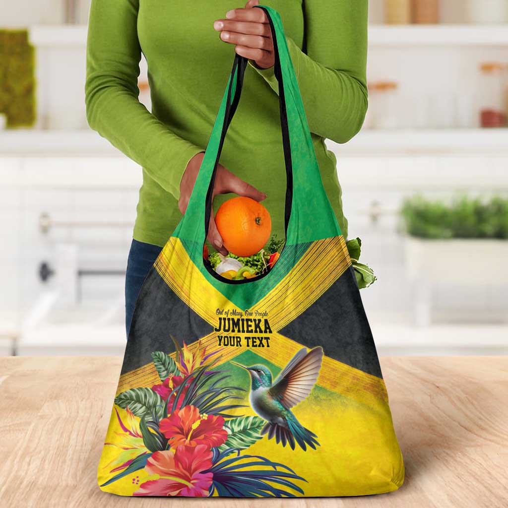 Personalized Black Jamaicans Hummingbird Grocery Bag Tropical Flowers Grunge Flag - African Pride