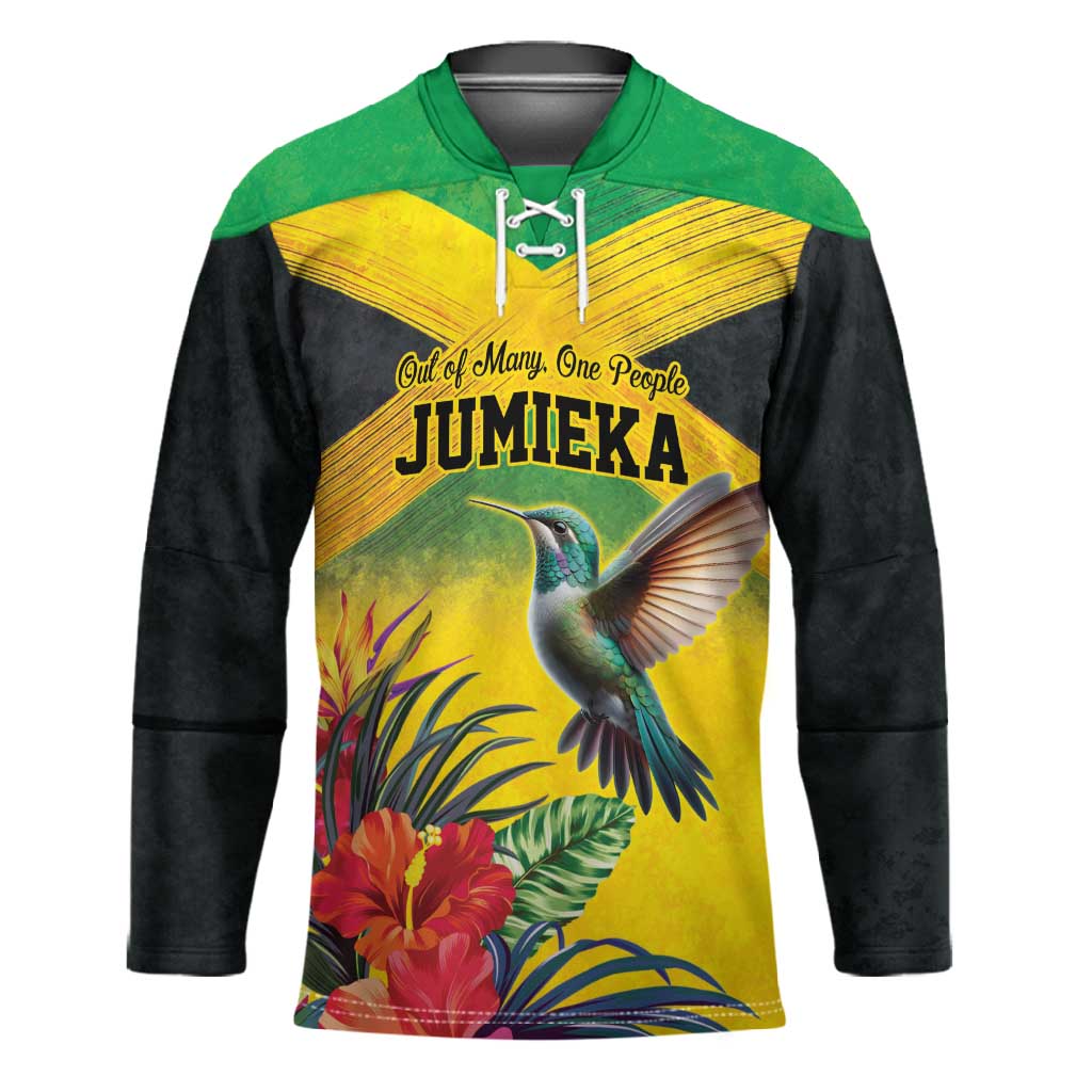Personalized Black Jamaicans Hummingbird Hockey Jersey Tropical Flowers Grunge Flag