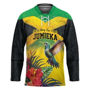 Personalized Black Jamaicans Hummingbird Hockey Jersey Tropical Flowers Grunge Flag