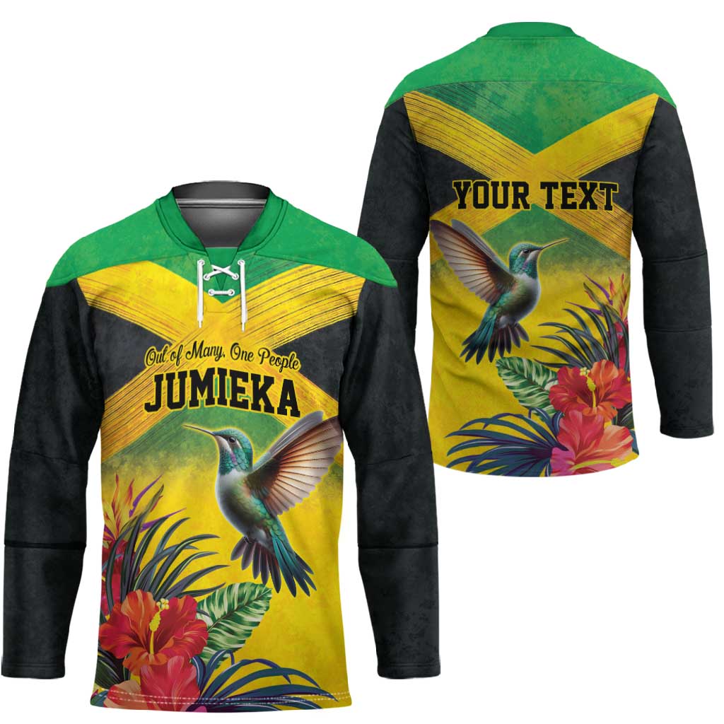 Personalized Black Jamaicans Hummingbird Hockey Jersey Tropical Flowers Grunge Flag