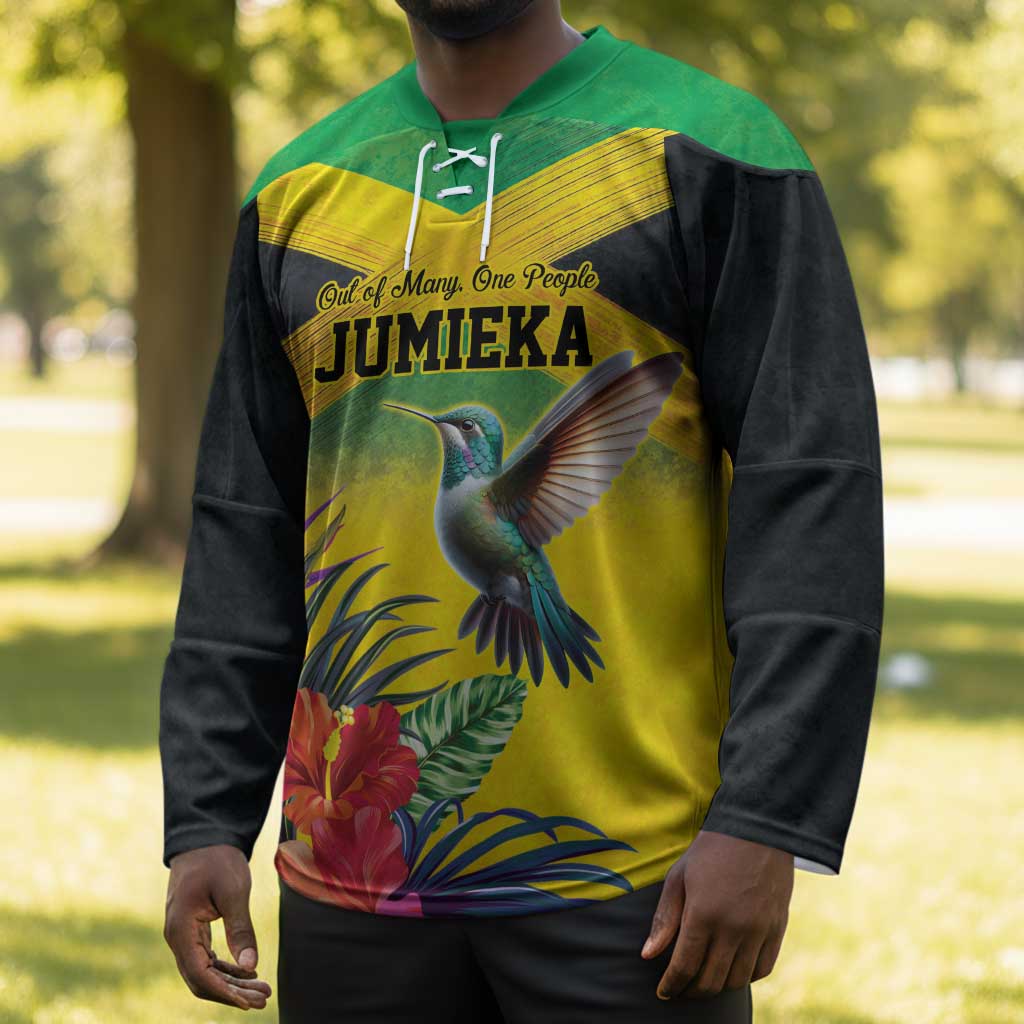 Personalized Black Jamaicans Hummingbird Hockey Jersey Tropical Flowers Grunge Flag