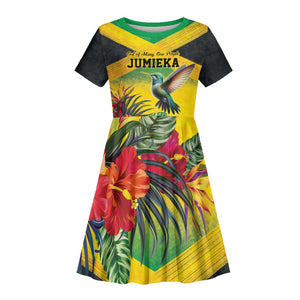 Personalized Black Jamaicans Hummingbird Kid Short Sleeve Dress Tropical Flowers Grunge Flag - African Pride