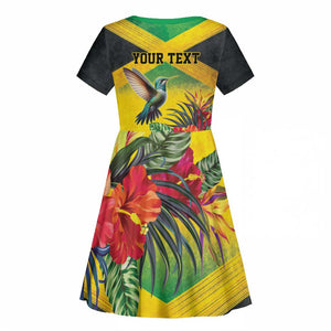 Personalized Black Jamaicans Hummingbird Kid Short Sleeve Dress Tropical Flowers Grunge Flag - African Pride