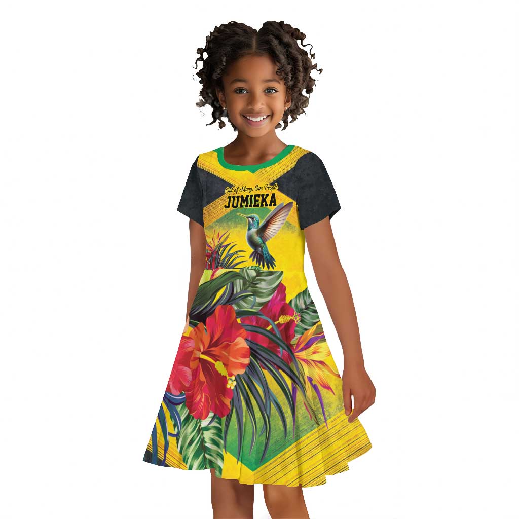 Personalized Black Jamaicans Hummingbird Kid Short Sleeve Dress Tropical Flowers Grunge Flag - African Pride