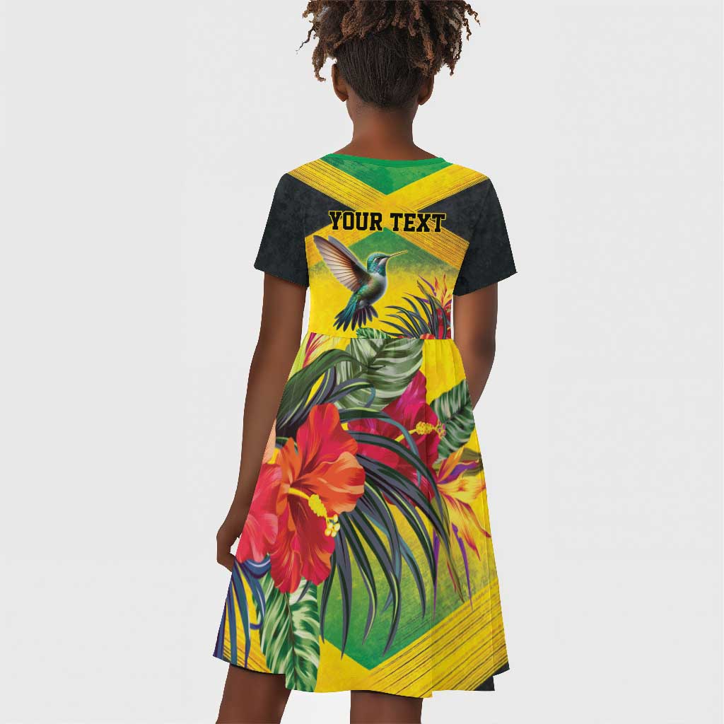 Personalized Black Jamaicans Hummingbird Kid Short Sleeve Dress Tropical Flowers Grunge Flag - African Pride