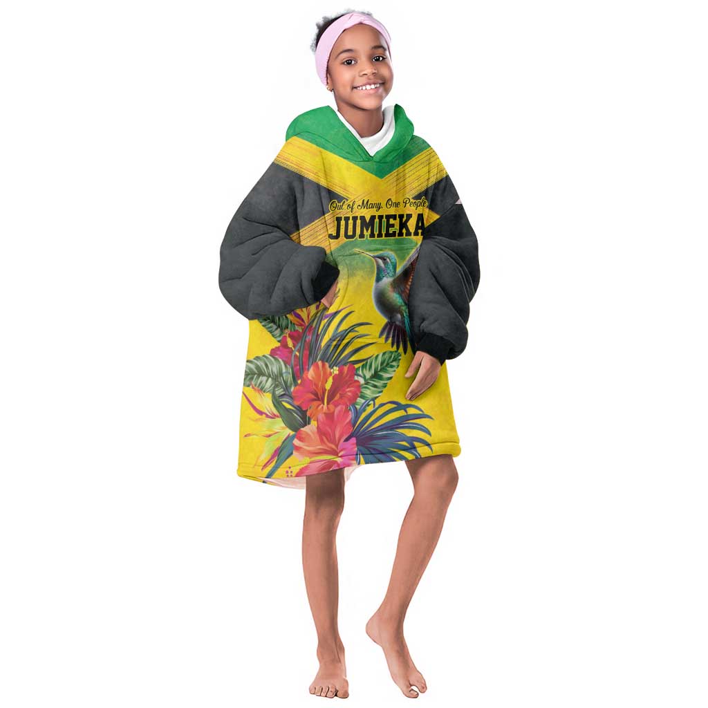 Personalized Black Jamaicans Hummingbird Kid Wearable Blanket Hoodie Tropical Flowers Grunge Flag - African Pride