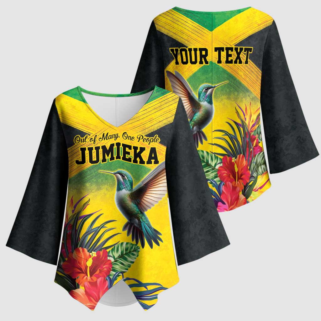 Personalized Black Jamaicans Hummingbird Kimono Sleeve Blouse Tropical Flowers Grunge Flag