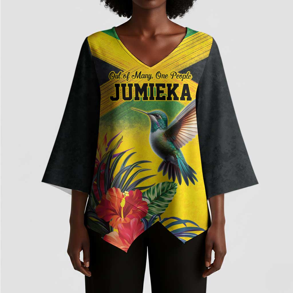Personalized Black Jamaicans Hummingbird Kimono Sleeve Blouse Tropical Flowers Grunge Flag