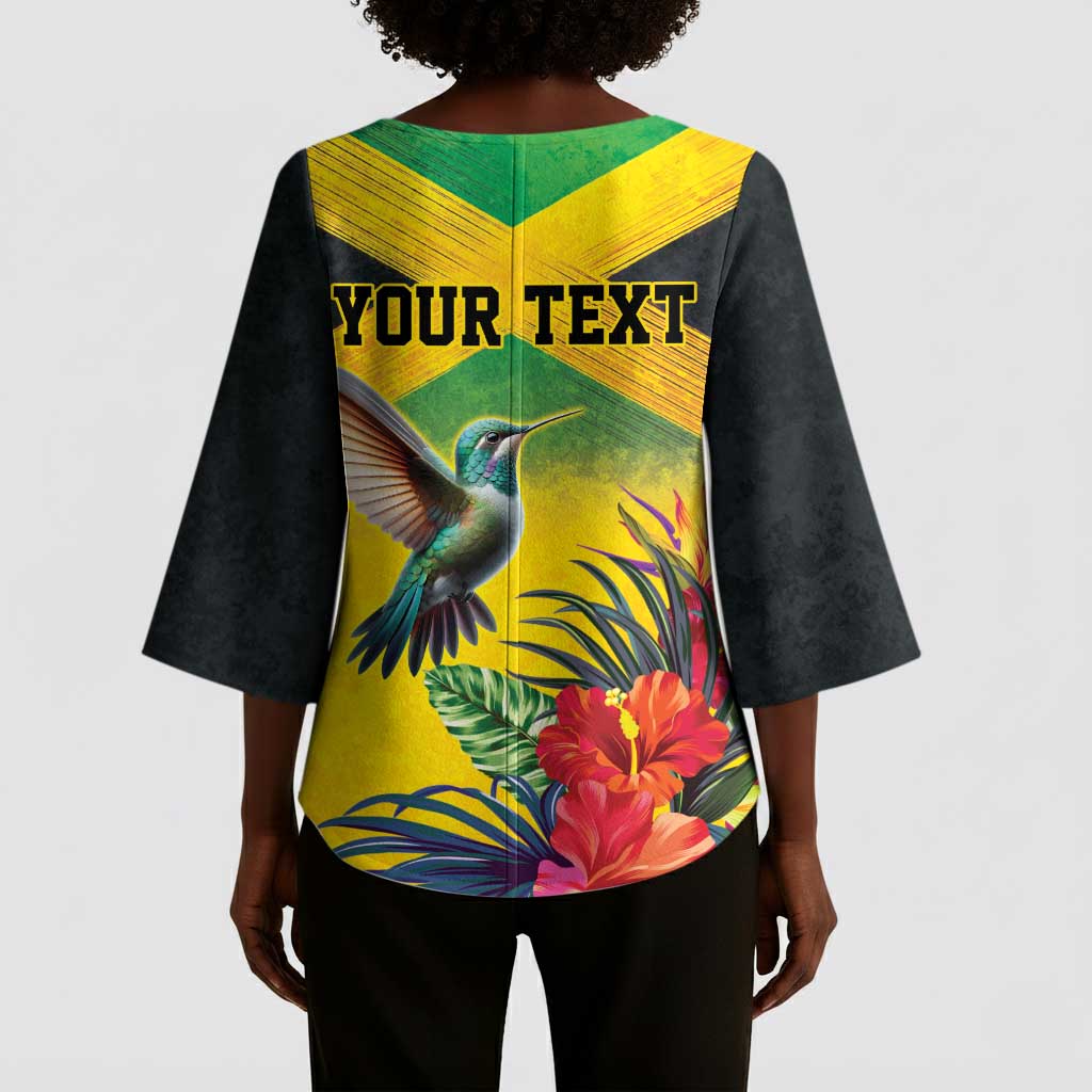 Personalized Black Jamaicans Hummingbird Kimono Sleeve Blouse Tropical Flowers Grunge Flag