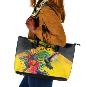 Personalized Black Jamaicans Hummingbird Leather Tote Bag Tropical Flowers Grunge Flag - African Pride