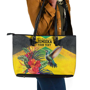 Personalized Black Jamaicans Hummingbird Leather Tote Bag Tropical Flowers Grunge Flag - African Pride