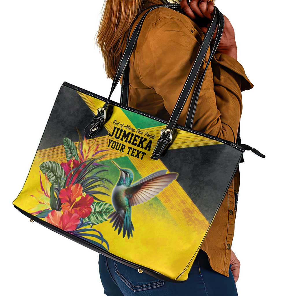 Personalized Black Jamaicans Hummingbird Leather Tote Bag Tropical Flowers Grunge Flag - African Pride