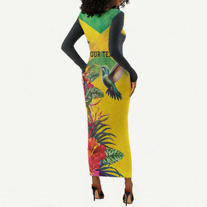 Personalized Black Jamaicans Hummingbird Long Sleeve Bodycon Dress Tropical Flowers Grunge Flag - African Pride