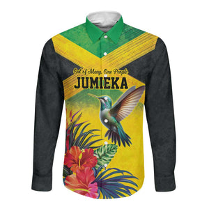 Personalized Black Jamaicans Hummingbird Long Sleeve Button Shirt Tropical Flowers Grunge Flag - African Pride