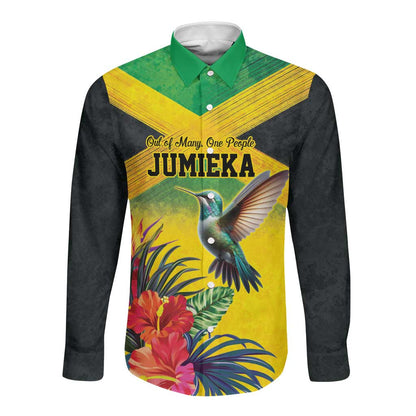 Personalized Black Jamaicans Hummingbird Long Sleeve Button Shirt Tropical Flowers Grunge Flag - African Pride