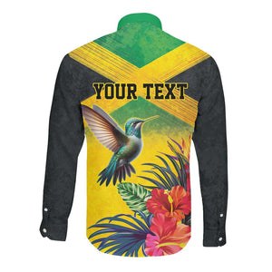 Personalized Black Jamaicans Hummingbird Long Sleeve Button Shirt Tropical Flowers Grunge Flag - African Pride
