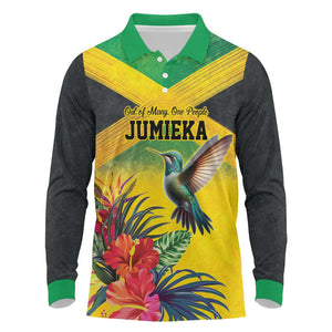 Personalized Black Jamaicans Hummingbird Long Sleeve Polo Shirt Tropical Flowers Grunge Flag - African Pride