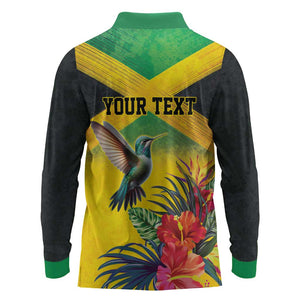 Personalized Black Jamaicans Hummingbird Long Sleeve Polo Shirt Tropical Flowers Grunge Flag - African Pride