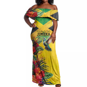 Personalized Black Jamaicans Hummingbird Off Shoulder Maxi Dress Tropical Flowers Grunge Flag - African Pride