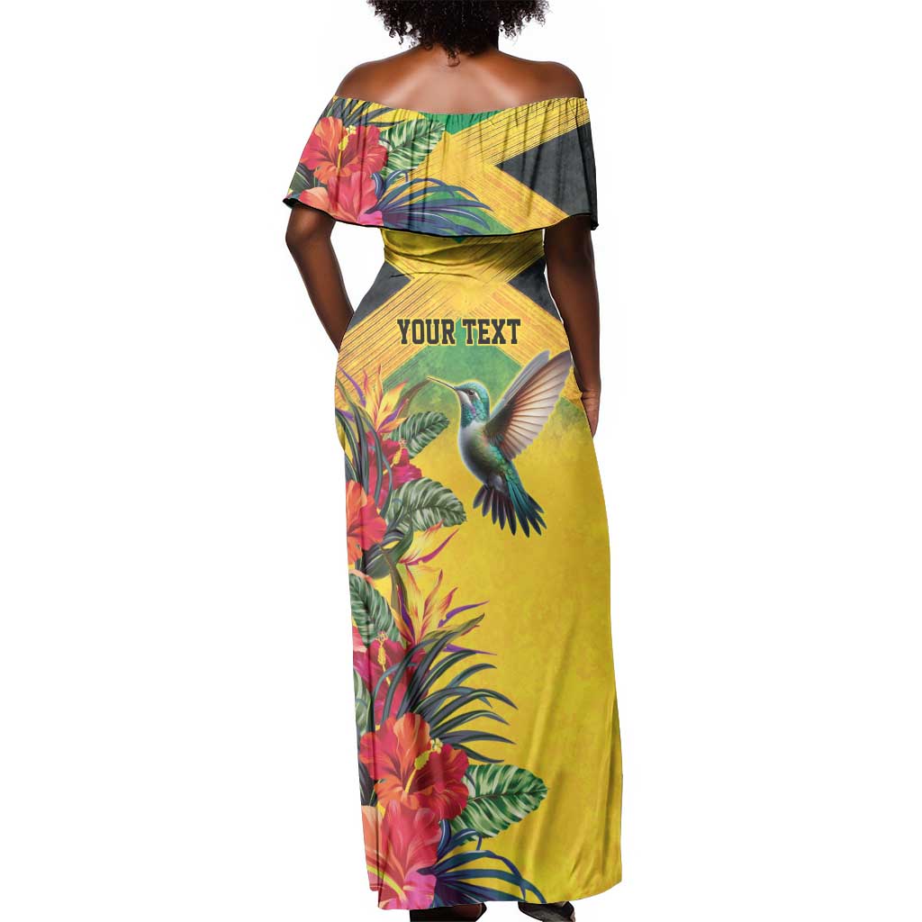 Personalized Black Jamaicans Hummingbird Off Shoulder Maxi Dress Tropical Flowers Grunge Flag - African Pride