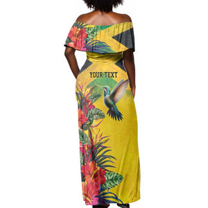 Personalized Black Jamaicans Hummingbird Off Shoulder Maxi Dress Tropical Flowers Grunge Flag - African Pride