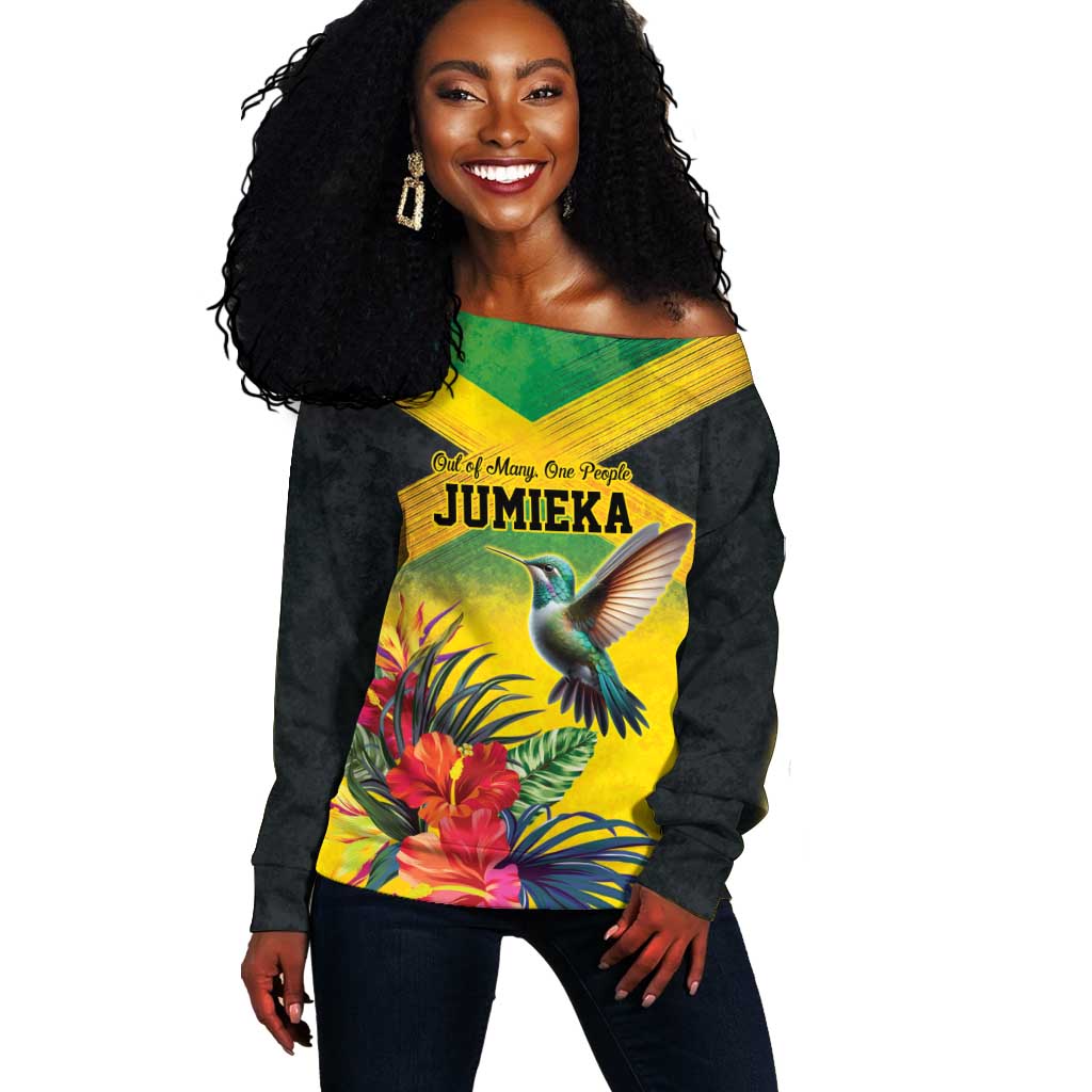 Personalized Black Jamaicans Hummingbird Off Shoulder Sweater Tropical Flowers Grunge Flag - African Pride